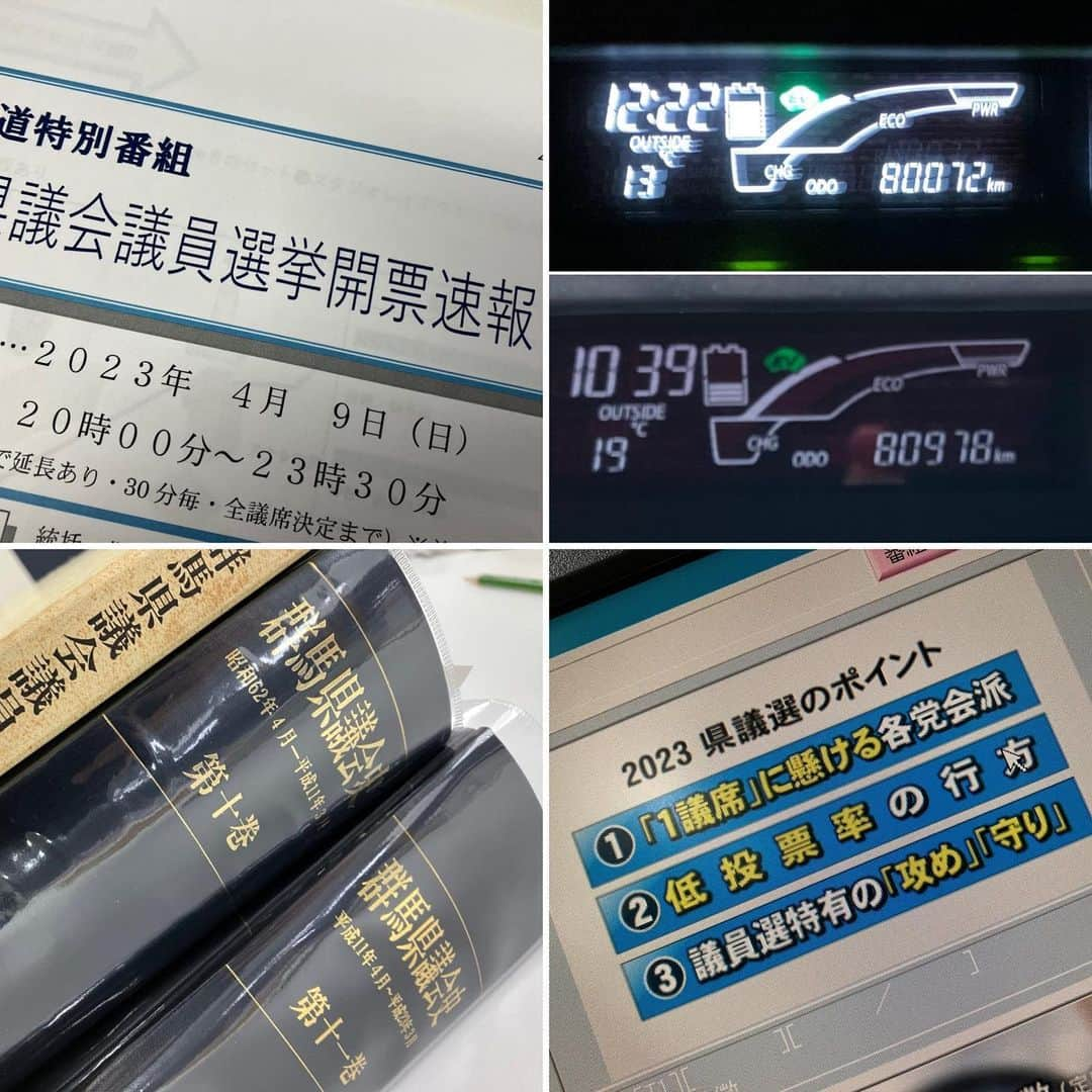 北爪健太さんのインスタグラム写真 - (北爪健太Instagram)「【あすは群馬県議選の投開票日！群馬テレビでは夜8時から開票速報📺】  県政担当の私は、今回解説を務めることになりました。「選挙戦となったすべての陣営に足を運ぶ」をモットーに、県内各地を取材。全46陣営をまわりました（陣営の方々、取材対応ありがとうございました！）。きょう取材車のメーターを見てみたら、選挙戦の期間で約900kmの走行距離、よく走ったなと！笑 取材を踏まえて、随時入ってくる票の動きを少しでも分かりやすくお伝えできればと思っています。只今、県議会史も持ち出して、準備中です。もう一踏ん張り、頑張ります。 皆さん、明日は投票に行って、夜は群馬テレビをご覧ください！  #群馬テレビ #群テレ #群馬県議会 #群馬県議会議員選挙 #県議選 #開票速報 #ご覧ください #投票に行こう」4月8日 22時11分 - kitazume_gtv