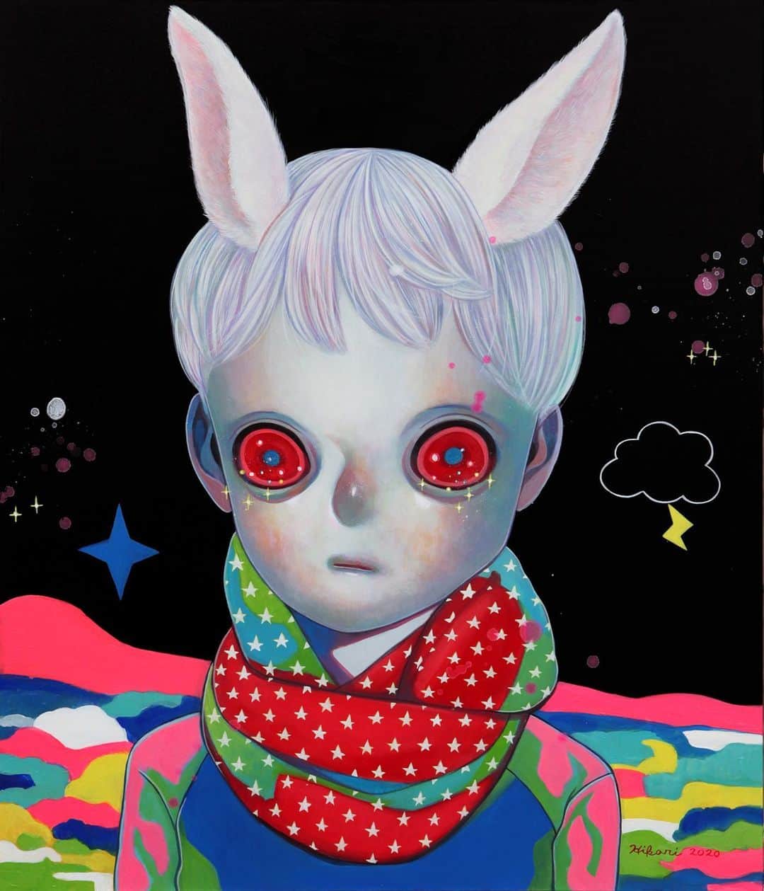 下田ひかりさんのインスタグラム写真 - (下田ひかりInstagram)「#HappyEaster 🐰🖤✨  Hidden in the Night (Rabbit)  Oil on canvas 20.9" x 17.9" 2020  #hikarishimoda #art #painting #popsurrealism #kawaii #anime」4月9日 4時20分 - hikarishimoda