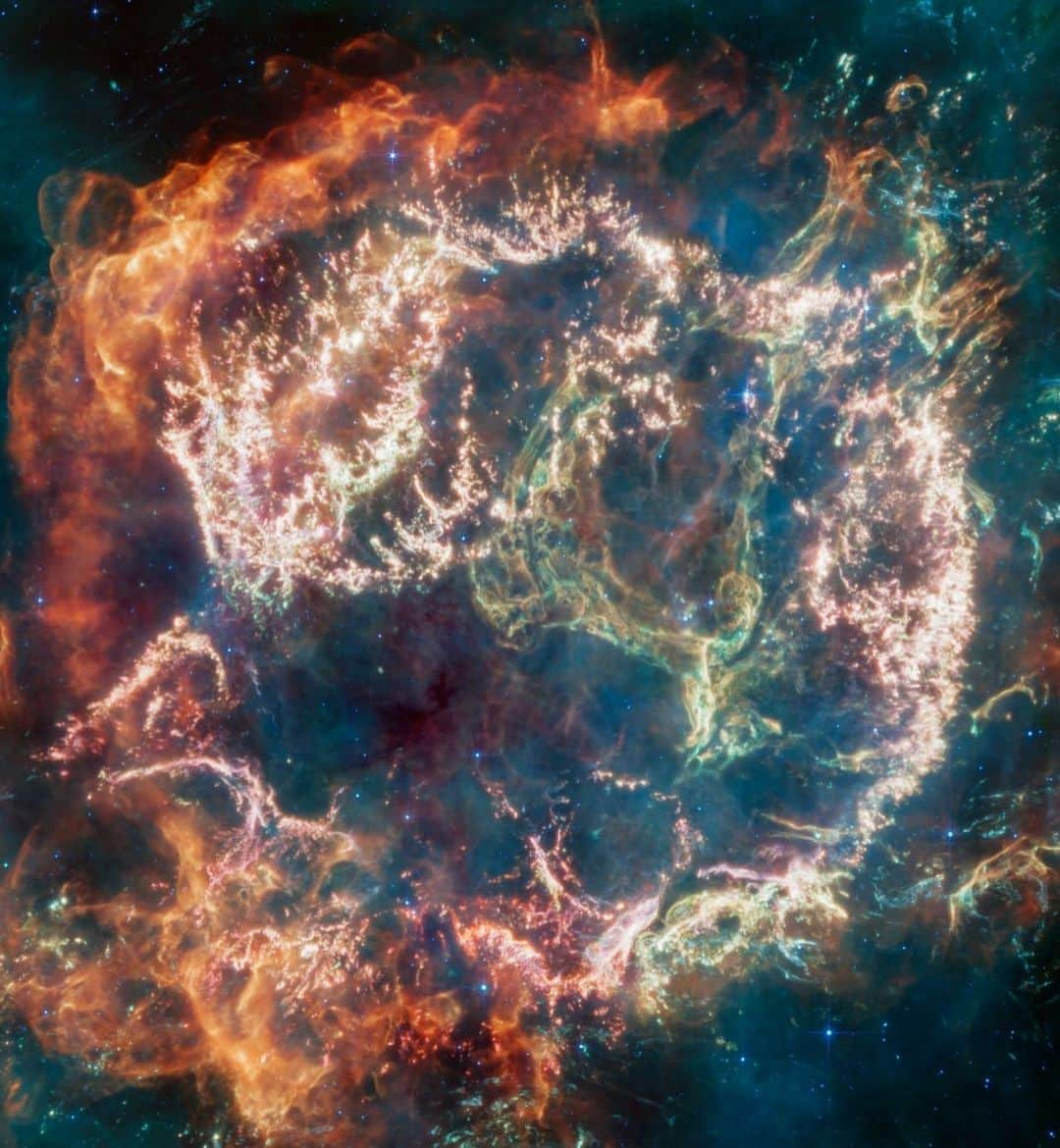 NASAさんのインスタグラム写真 - (NASAInstagram)「The show goes on 💥⁣ ⁣ After the chaotic event of a stellar explosion, the remnants  that the star leaves behind add to the drama. A new look through @NASAWebb’s Mid-Infrared Instrument reveals Cassiopeia A (Cas A) in a new light. Cas A is a massive star remnant that exploded about 340 years ago from Earth's perspective, despite being 11,000 light-years away.⁣ ⁣ Here are the spark notes (literally):⁣ Outer layers of the bubble on the top and left hold curtains of material appearing orange and red due to emission from the warm dust. This is where ejected material from the exploded star is ramming into surrounding gas and dust.⁣ ⁣ The interior of this outer shell is spotted with bright pink filaments, studded with clumps and knots. This represents material from the star itself, which is shining due to a mix of various heavy elements, such as oxygen, argon, and neon, as well as dust emission.⁣ ⁣ A loop represented in green extends across the right side of the central cavity, nicknamed “Green Monster” by researchers in honor of Fenway Park in Boston. Its shape and complexity are unexpected and challenging to understand—leaving researchers (and audiences) wanting more.⁣ ⁣ Image description: A circular-shaped nebula with a complex structure. On the circle’s exterior, particularly on the left side of the image, are curtains of material glowing orange like fire. Interior to this outer shell is a ring of mottled filaments in bright pink, studded with clumps and knots. A greenish loop extends from the upper right of the ring into the central cavity. Translucent wisps of blue, green, and red appear throughout the image.⁣ ⁣ Credit: NASA, ESA, CSA, D. D. Milisavljevic (Purdue), T. Temim (Princeton), I. De Looze (Ghent University). Image Processing: J. DePasquale (STScI).⁣ ⁣ #NASA #SolarSystem #NASAWebb #Universe #Star #Cosmos #Astrophotography #Space」4月9日 5時39分 - nasa