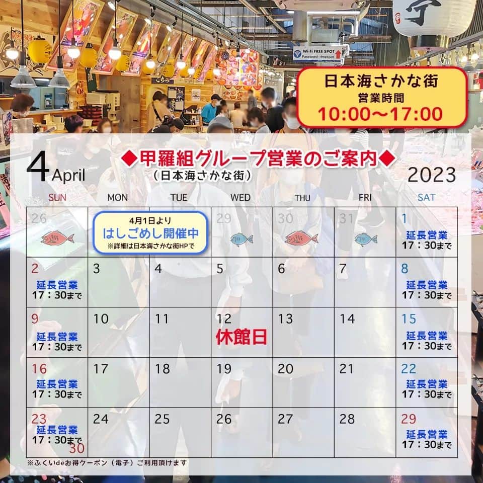 越前かに職人　甲羅組さんのインスタグラム写真 - (越前かに職人　甲羅組Instagram)「🔉日本海さかな街内 甲羅組・甲羅亭・生け簀の甲羅・鮮宴丼ひろし・海坊主 4月の営業カレンダー✨  ⁡ ⁡先日アップしたカレンダーに誤りがございましたので⁡ ⁡再アップさせて頂きます🙇‍♀️⁡ ⁡⁡ ⁡  ⭐はしごめし 開催中です✨ ⁡⁡⁡ ⁡⁡⁡⁡⁡ ⁡みなさまのご来店お待ちしております🦀  ⁡⁡⁡⁡ ⁡⁡ ⁡甲羅組 さかな街 @kouragumi_sakanamachi ⁡鮮宴丼ひろし・海坊主 @senendon_hiroshi ⁡⁡ ⁡⁡⁡––––––––——–––––––––––––––––––  📍アクセス　福井県敦賀市若葉町1-1531日本海さかな街 内 🗓定休日　　営業カレンダーにて 🕛営業時間　10:00〜17:00 📞電話番号　0770-24-7059(甲羅組 本店)  ––––––––——––––––––––––––––––– ⁡⁡ ⁡ ⁡⁡ ⁡#甲羅組 #甲羅組本店 #福井県敦賀市  #福井観光 #敦賀観光 #日本海さかな街 #福井グルメ #福井 #福井県 #敦賀市 #4月 #はしごめし #甲羅亭 #さかな街 #福井お買い物」4月9日 10時52分 - kouragumi