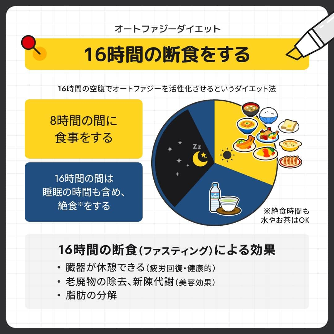 GronG(グロング)さんのインスタグラム写真 - (GronG(グロング)Instagram)「. 美容や健康、理想の身体づくりについての情報発信中📝 参考になった！という投稿には、『👏』コメントお願いいたします✨ また、皆さんの成功体験談などもぜひ教えてください🖋️ --------------------------------------------------  【オートファジーダイエット】  オートファジーという言葉は聞いたことありますか？ 健康に生きていくために身体の中で起こる機能のことです☝️ その機能を利用したオートファジーダイエットはインターミッテントファスティングなんて言われたりすることもありますが、 1日のうちに16時間は断食（ファスティング）をして、残りの8時間の間に食事を摂るダイエット方法です🧐  16時間何も食べない時間を作ることで ・臓器が休まる ・オートファジーの活性化 ・脂肪の分解促進 これらの特徴を生かした、健康的なダイエットとして人気が高いです！  ただし、減量効果においては、日頃からカロリーを制限していれば無理に時間を制限する必要はなさそうです💡 また、日中など活動時間に断食してしまうと筋肉まで落ちてしまうのでご注意ください⚠️  高脂質食はオートファジーの活性化を抑制してしまうので、油物がどうしてもやめられない方や、美容も気を付けたい方などは挑戦してみる価値ありかと思います⏰  #GronG #グロング #プロテイン #プロテインダイエット  #タンパク質 #たんぱく質 #痩せたい  #タンパク質摂取 #タンパク質ダイエット #タンパク質補給 #たんぱく質摂取 #ダイエット法 #ダイエット中の食事 #健康的に痩せたい #健康的なダイエット #健康的な身体作り #ダイエットサプリ #ダイエット食品 #プロテイン初心者  #おすすめプロテイン #プロテイン置き換え #たんぱく質ダイエット #ダイエットのコツ #ダイエットにオススメ #健康的にダイエット #健康的にやせたい #オートファジー #オートファジー効果 #オートファジーダイエット #インターミッテントファスティング」4月9日 12時00分 - grong.jp