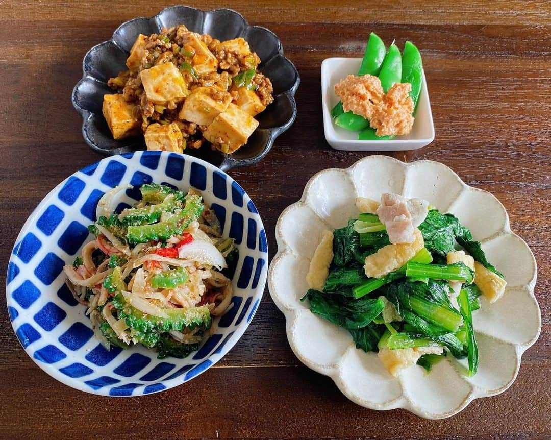 山崎ケイのインスタグラム：「🍽 麻婆豆腐 ゴーヤとカニカマと新玉ねぎの胡麻おかか和え 小松菜と油揚げと豚肉の煮びたし スナップエンドウとめんたいマヨ  #献立」