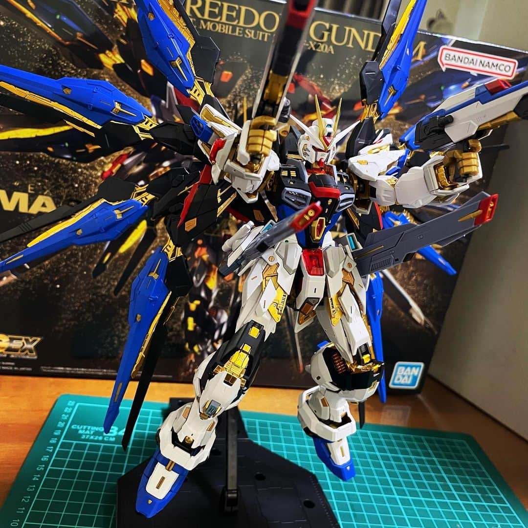 のインスタグラム：「ストフリはやっぱカッコいいなぁ!! STRIKE FREEDOM GUNDAM MGEX 1/100 完成間近。青と赤だけ塗装しました。他はどこまでするか迷ってるからシールはまだ貼らず。 2枚目が1/144なんだけどMGEXとHGの差もあるしエアリアルがちゃっちい笑 1/100作っちゃったら1/144だと物足りない… 次は何にしようかなぁ。ガンダム00見たからエクシア作りたい気もする  #ストライクフリーダム　#ストライクフリーダムガンダム  #ガンプラ　#ストライクフリーダム」
