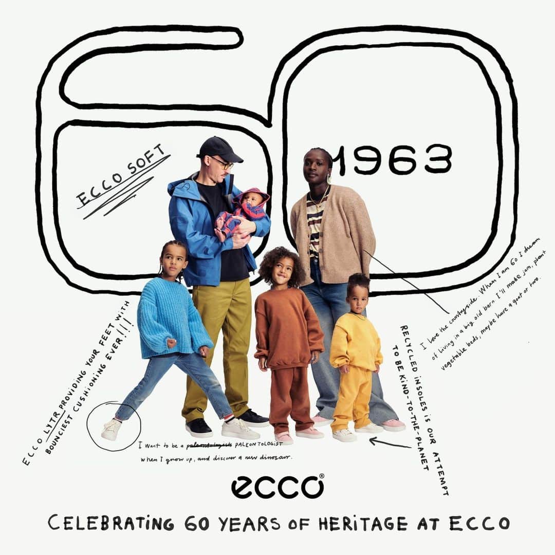 エコーのインスタグラム：「60 years of innovating for the family..   ECCO SOFT 60 remastered with ECCO LYTR sole technology and compostable Organic-Tanned Leather from our ECCO Leather research lab.  For more on Organic-Tanned Leather (ISO 15115:2019(E)), link in bio.」