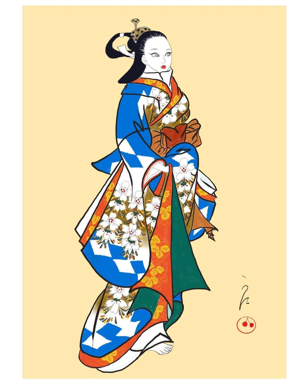 おおたうにさんのインスタグラム写真 - (おおたうにInstagram)「「桜花振袖立美人」🌸海月堂度種 "Ouka Furisode Tachi-bijin" ( A beautiful woman wearing a kimono with a cherry blossom pattern ) Kaigetsudo Doshu  浮世絵版画の創始者、菱川師宣がこの世を去った後に現れた、肉筆画専門の一派「海月堂」。 創始者の「海月堂安度（かいげつどうあんど）」は「江島生島事件」で伊豆大島に流されたんだって🙀！  この絵を描いた「度種」さんはお弟子さん。 1700年代に描かれたとは思えない保存状態！ 出光美術館が持っているらしい。観てみたーーい！！ ところで「どしゅ」ってなに🤔？？  #桜の浮世絵 #ukiyoe #ukiyoefashion #浮世絵ファッション #海月堂度種 #模写 #outauni #おおたうに #fashionillustration」4月9日 17時22分 - outa_uni