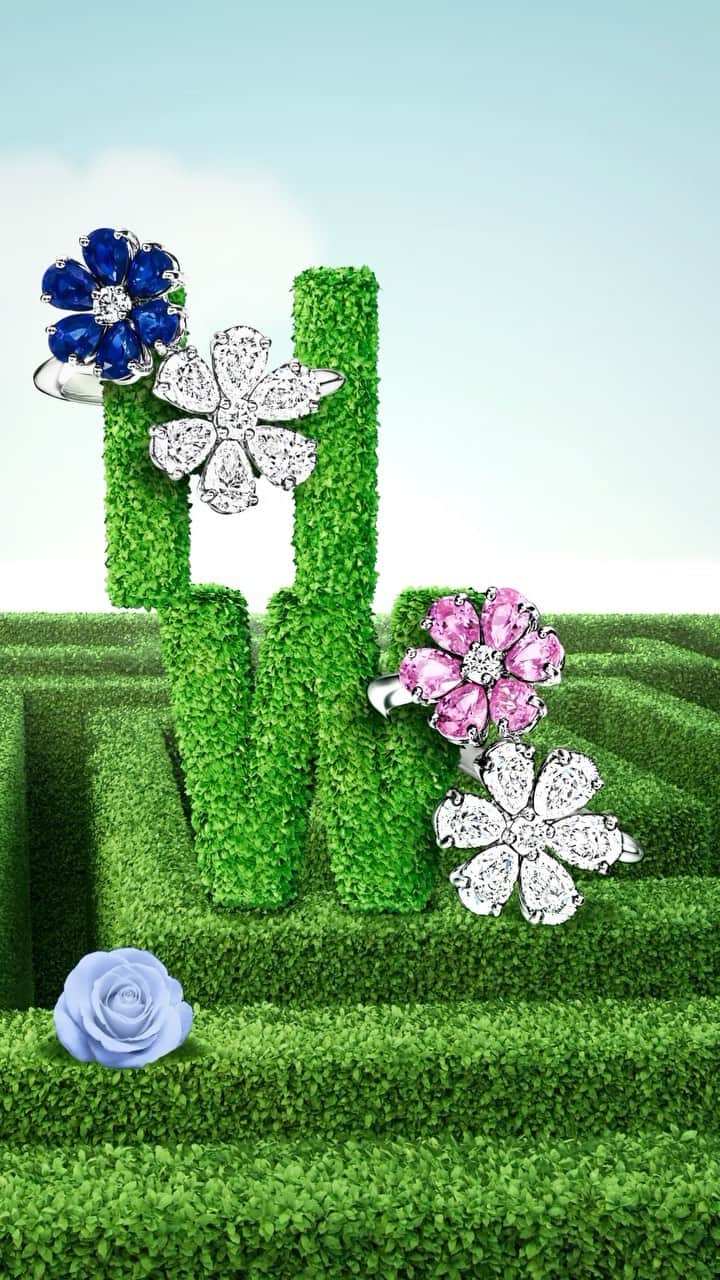 ハリー・ウィンストンのインスタグラム：「The Winston Maze reveals new Forget-Me-Not Twin Rings, now available with blue and pink sapphires. Tap the link in bio to add these whimsical jewels to your tea party look. #HarryWinston #WinstonMaze」