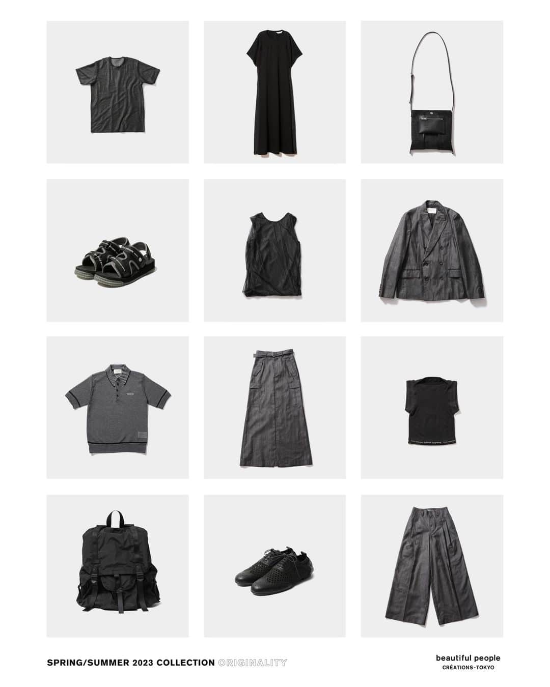 のインスタグラム：「#originality #black⁠ ⁠ 普遍的なカラーである”black”。⁠ 2023SSコレクションでは、ミリタリーに見られる絶妙な色差をblackカラーにも。オーガンジーやシアー、ラメジャージなど生地の特性を掛け合わせることで、単色では表現できないblackに。⁠ ⁠ Black but not only Black. ⁠ We made most of our textiles originally from scratch, dyed them from the thread, and applied them to different materials and textures. From Organdy silk, Sheer jersey, glitter jersey... The characteristics of the fabrics are multiplied to create a black that cannot be expressed with a single color. ⁠ ⁠ ーーー⁠ ⁠ 【beautiful people stores⁠】⁠⁠ ⁠ ■ 青山店⁠⁠ 東京都港区南青山3-16-6⁠⁠ ⁠⁠ ■ 新宿伊勢丹店（ @restyle_tokyo_isetanmitsukoshi ）⁠⁠ 東京都新宿区新宿3-14-1 伊勢丹新宿店本館2階⁠⁠ TOKYOクローゼット/リ・スタイルTOKYO⁠⁠ ⁠⁠ ■ 渋谷PARCO店（ @parco_shibuya_official ）⁠⁠ 東京都渋谷区宇田川町15-1 渋谷パルコ 2F⁠⁠ ⁠⁠ ■ ジェイアール名古屋タカシマヤ店（@style_and_edit_nagoya ）⁠⁠ 愛知県名古屋市中村区名駅1丁目1番4号 ジェイアール名古屋タカシマヤ4階　モード＆トレンド「スタイル＆エディット」⁠⁠ ⁠⁠ ■⁠阪急うめだ店⁠⁠ (@hankyumode )⁠ 大阪府大阪市北区角田町8番7号 阪急うめだ本店 3階　モード⁠⁠ ⁠ ⁠■⁠Official online store⁠ beautiful-people.jp⁠ ⁠ ■⁠Global online store⁠ beautiful-people-creations-tokyo.com⁠ ⁠ #beautifulpeople⁠ #ビューティフルピープル⁠ #creationstokyo⁠ #Spring23 #Summer23⁠ #ブラック⁠ #カラー⁠ #inspiration」