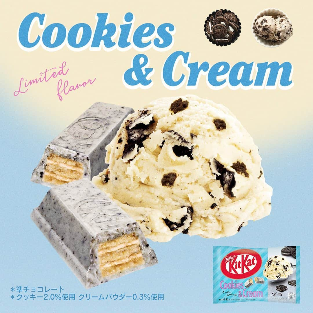 KITKAT Chocolatoryのインスタグラム：「【コメントお待ちしております💙】  ／ Release NEWS ! ＼  『キットカット ミニ クッキー＆クリーム』🍪🍦  ざくざくのクッキー食感がたまらない🤍 期間限定「クッキー＆クリーム」が今年も登場！ ホワイトチョコにココアクッキーを組み合わせた、大人気フレーバー🤤  食べた〜い！と思った分「💙」をコメントから送ってね💙💙  ┈┈┈┈┈┈┈┈┈┈┈┈ #kitkat #キットカット #break #ブレイク #チョコレート #ウエハース #サクサク #ザクザク #チョコレート好き #チョコレート好きと繋がりたい #チョコレート好きな人と繋がりたい #チョコレート大好き #おやつじかん #期間限定 #クッキーアンドクリーム」