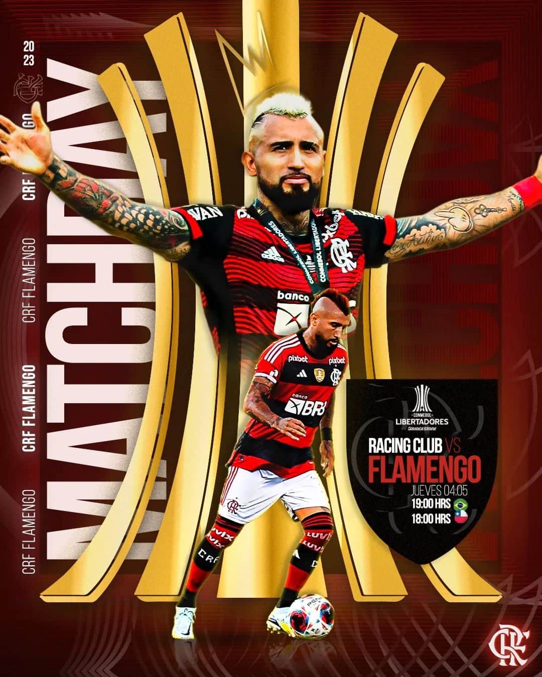 アルトゥーロ・ビダルのインスタグラム：「HOY ES NOCHE DE LIBERTADORES 🔴⚫  Vamos a buscar los 3 puntos, todos juntos a dar la pelea!!  💪👌🫅🏽  🇨🇱 18:00 🇧🇷 19:00  #FLAxRAC #vamosflamengo」