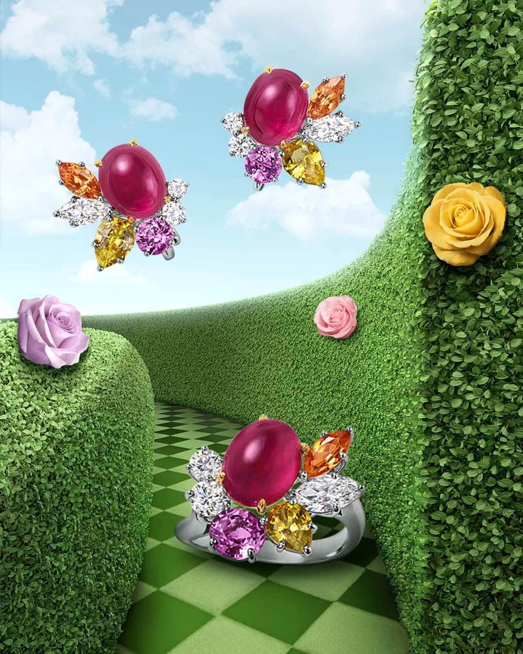 ハリー・ウィンストンのインスタグラム：「Natural wonders await around every turn in the Winston Maze. Discover these magnificent Rubellite and Diamond Earrings and Ring by tapping the link in bio. #HarryWinston #WinstonMaze #WinstonHighJewelry」