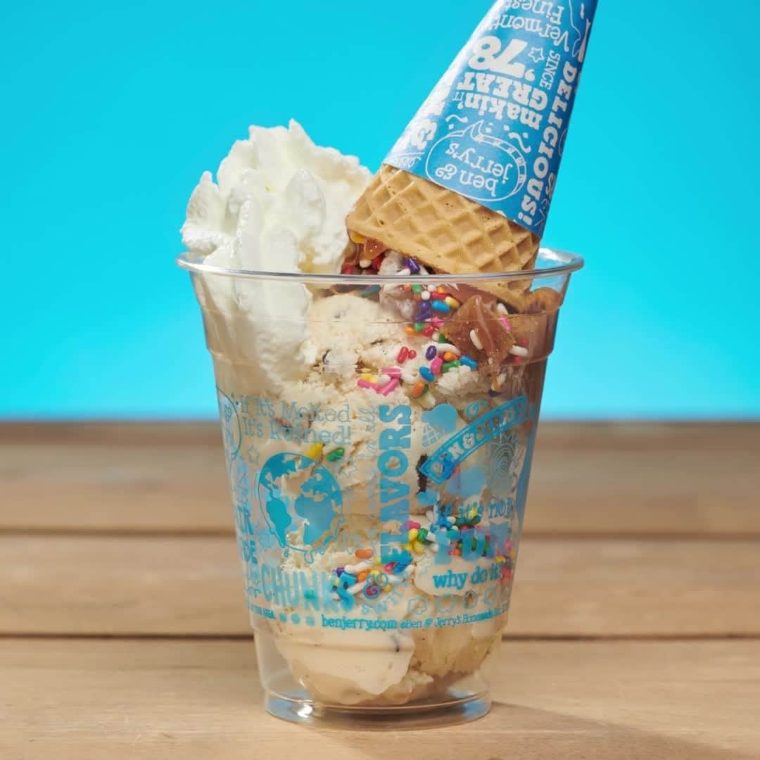 Ben & Jerry'sのインスタグラム：「Meet the NEW Cone-ucopia Sundae! Create your own custom cone-coction by choosing all your fave toppings to fill a cone flipped upside down on top of 2 scoops of your choice. Which combo will you try first?⁠ ⁠ Link in our bio!⁠ ⁠ Available at participating Scoop Shops.」