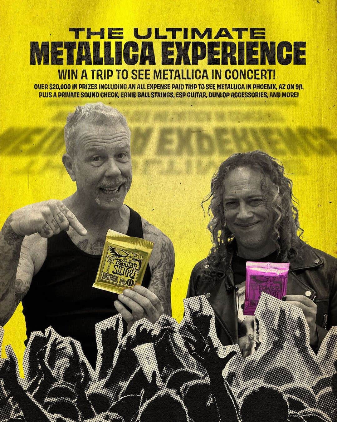 メタリカのインスタグラム：「Only a few weeks left to enter to win the Ultimate Metallica Experience from @ernieball! Through May 29, head to your local @guitarcenter or guitarcenter.com to pick up a pack of strings. Then, enter your receipt number and your pack’s unique code at ernieball.com/metallica.  What’s in it for you? Five lucky winners and their guests will head to our #M72 World Tour show in Phoenix, AZ on September 1st with access to soundcheck, roundtrip airfare, AND lodging!  But that’s not all, they’ve also got additional prizes to give away, including an @espguitars @kirkhammett signature guitar, assorted vinyl, and gear from Ernie Ball and @jimdunlopusa!」