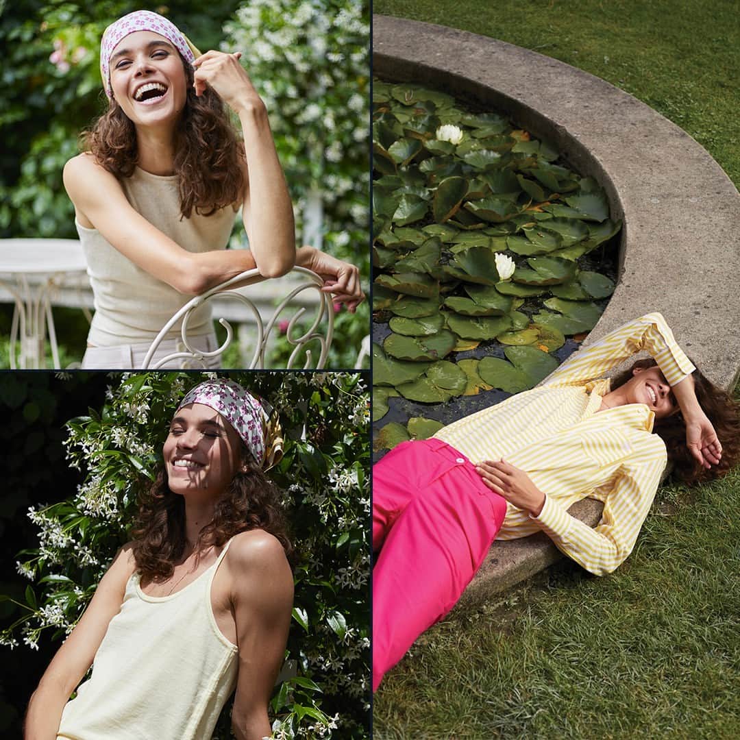 イネスドゥラフレサンジュのインスタグラム：「☀️ LES BEAUX JOURS Alliez du jaune pastel et un rose fushia et vous obtiendrez un look des plus printaniers ! Le pantalon Francesca rose fushia avec la chemise Maureen rayée jaune pastel sont disponibles en ligne et en boutique. Pour un look tout en douceur, misez sur le cache-cœur Ilona doré et la pantalon Charlotte rayé. - ☀️ THE BEAUTIFUL DAYS Combine pastel yellow and fuchsia pink and you'll get a spring look! The Francesca fushia pink pants with the Maureen pastel yellow striped shirt are available online and in stores. For a soft look, choose the gold Ilona wrap and the striped Charlotte pants.  #inesdelafressange #inesdelafressangeparis #girlsinines #paris #parisianchic #parisianstyle」