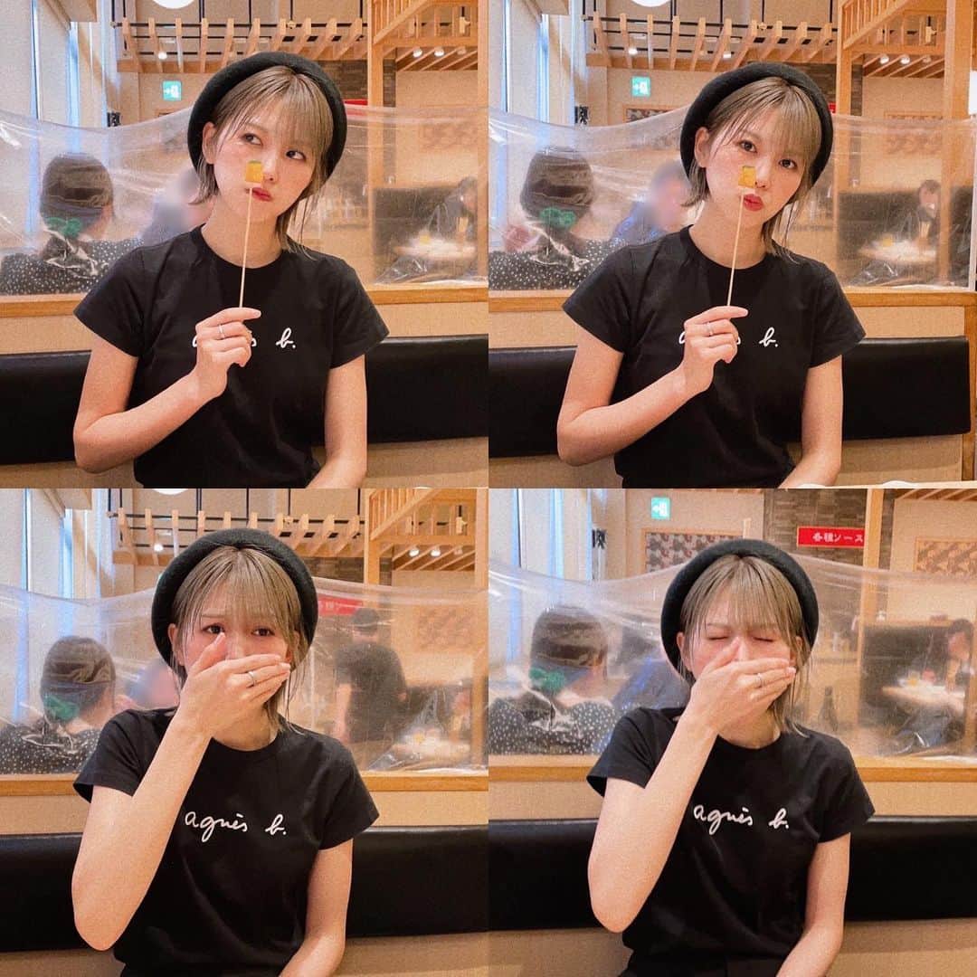 原あやののインスタグラム：「久々に串揚げした時の四コマです  #串揚げ#推し揚げは#しいたけ #ベレー帽#Tシャツ#agnes#agnesb  #ショートヘア#シンガーソングライター#アコギ#ギター#musican#singersongwriter#音楽#邦ロック女子#anime#アニメ好き#ビール#ビール女子#フィルム#film#ショートカット#燕女子#高身長女子#japanesegirl#instagood」
