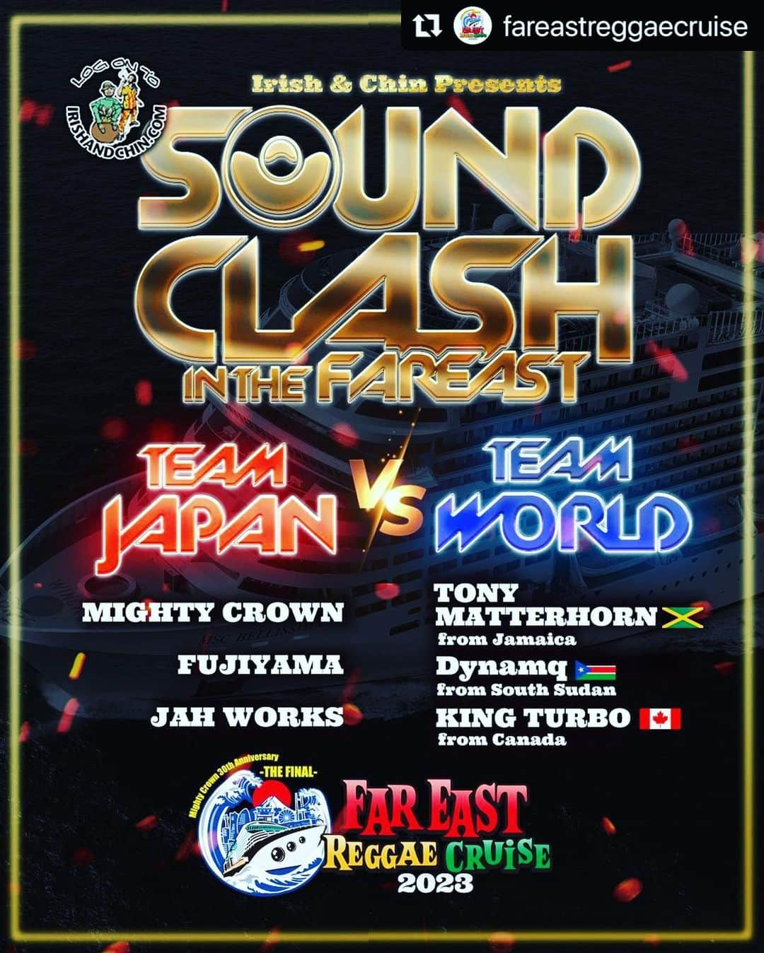 mastasimonのインスタグラム：「Yoooo ! Mighty Crown clashing for the one last time !!  ・・・ FAR EAST REGGAE CRUISEで SOUND CLASH開催🔊🛳🔊  Team Japan🇯🇵 VS Team World🌍 出場サウンド発表🔊 - Team Japan🇯🇵 Mighty Crown FUJIYAMA SOUND JAH WORKS  Team WORLD🌎 TONY MATTERHORN🇯🇲 KING TURBO🇨🇦 DYNAMQ🇸🇸 - ここでしか見れないエンターテイメント🛳ご予約はお早めに🔊🔊 - @mightycrown @fujiyamasound @ogajahworks @tonymatterhorn4 @kingturbocanada @dynamq  - #mightycrown #fareastreggaecruise #cruise #船旅 #クルーズ #クルーズ船 #クルーズ旅行 #mscbellissima #soundclash #クルーズクラッシュ」