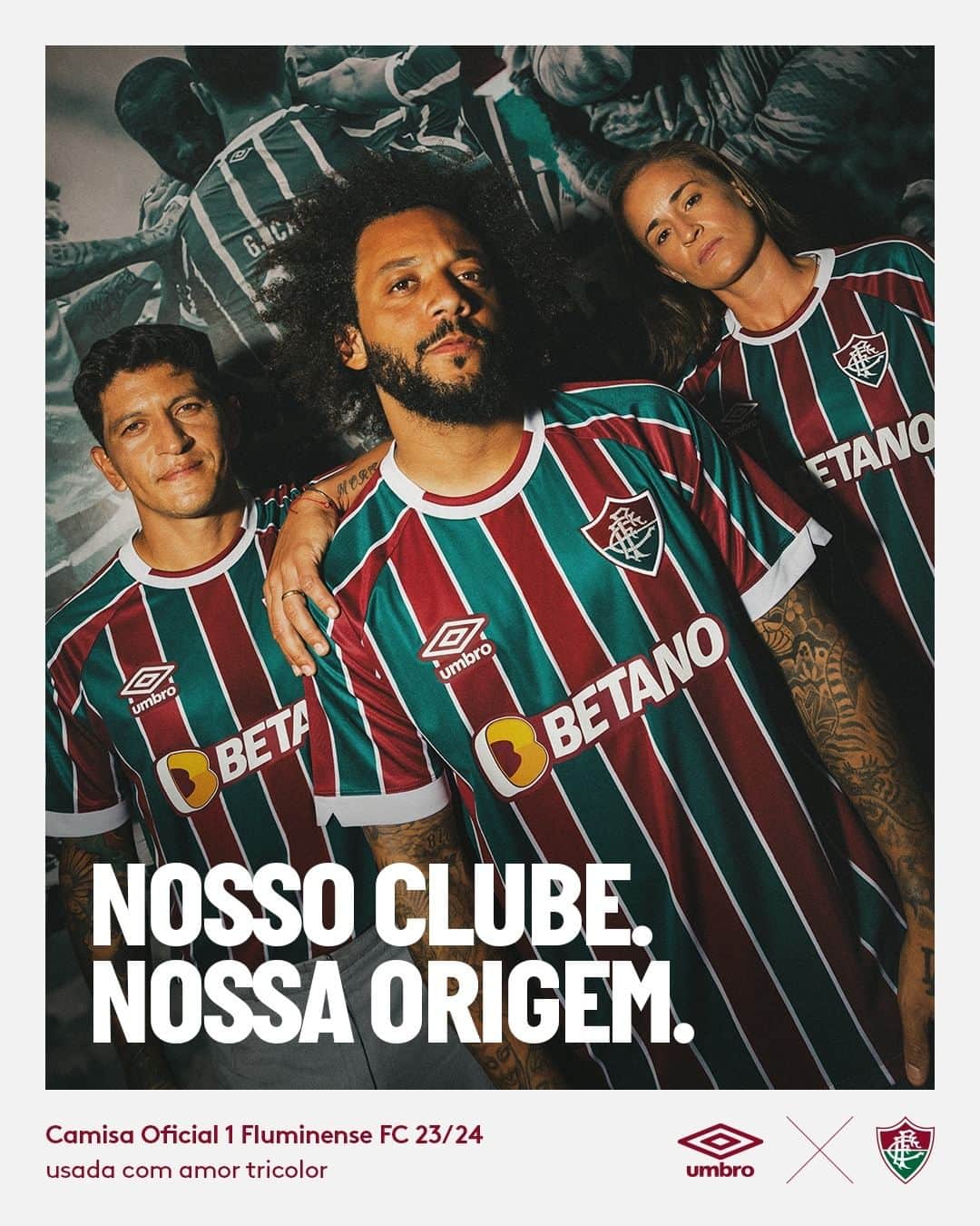 UMBROのインスタグラム：「Our Club. Our Origin.  @fluminensefc 23/24 Home jersey. Worn with love for the three colours 🇭🇺.  Available soon via umbro.com.br  #umbro #fluminense #thisisourgame」
