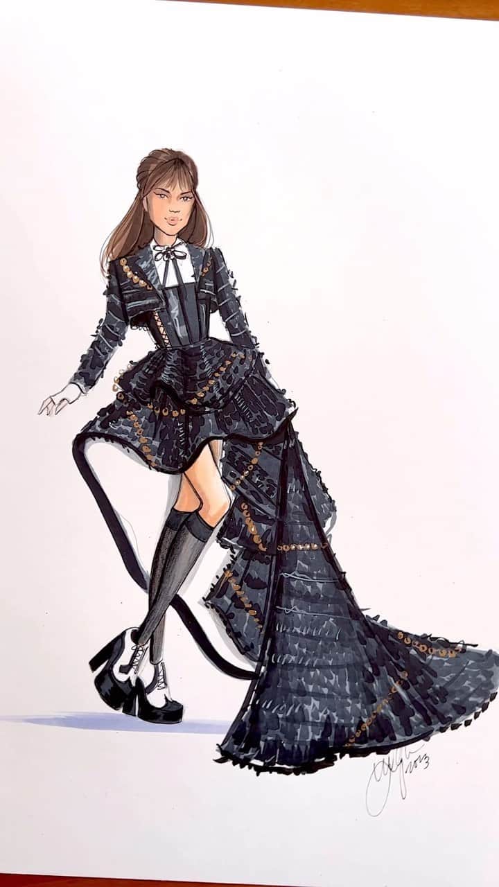Holly Nicholsのインスタグラム：「Jenna Ortega in Thome Browne at the Met Gala 🖤 @jennaortega styled by @mrenriquemelendez #metgala #jennaortega #asmr #wednesdayaddams #fashionillustration #copicmarkers」