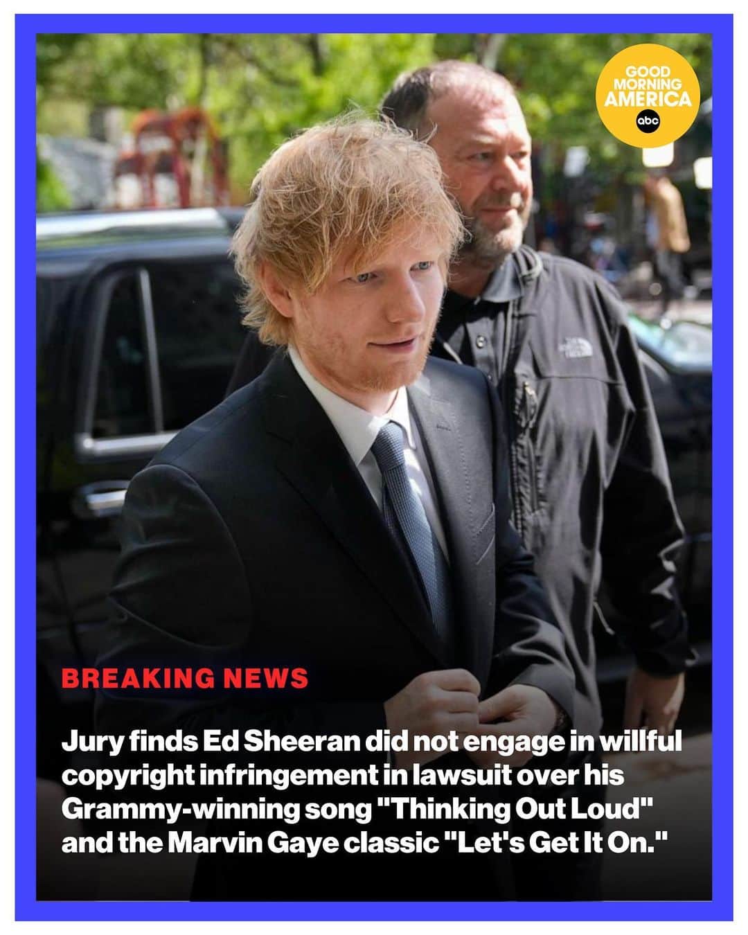 ABC Newsさんのインスタグラム写真 - (ABC NewsInstagram)「BREAKING: Jury finds Ed Sheeran did not engage in willful copyright infringement in lawsuit over his Grammy-winning song "Thinking Out Loud" and the Marvin Gaye classic "Let's Get It On."  More details at the LINK IN BIO.」5月5日 2時16分 - abcnews