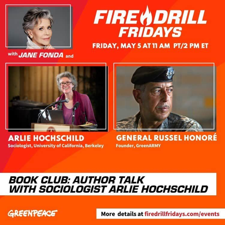 ジェーン・フォンダのインスタグラム：「Repost from @firedrillfriday • Save the Date Firefighters - we’re back for a Live Show in two weeks on Friday, May 5 at 11am PT / 2pm ET. ⁣ ⁣ Actor and Activist, Jane Fonda, welcomes Author and Sociologist, Arlie Russell Hochschild, to discuss her most recent writing, Strangers in Their Own Land. In this spectacular book, Arlie tells the eye-opening story of her journey deep into Louisiana bayou country. In an effort to “scale the empathy wall” to understand the American far right, she investigates Tea Party members’ relationships to environmental pollution and discovers … well, you’ll have to tune in to find out!⁣  Also joining the show - Lieutenant General Russel Honoré, a decorated lieutenant general featured in the book, who now leads the GreenARMY to protect against pollution and fight climate change.⁣ ⁣ This will be a highly interactive session, so check out the book or an excerpt, and come with questions for our guests.⁣ ⁣ Join us LIVE on Friday, May 5 at 11am PT / 2pm ET on firedrillfridays.com, the FDF Facebook page, Greenpeace USA Twitter, or Greenpeace USA YouTube. We can’t wait to see you!⁣ ⁣ #FireDrillFridays #Gulf #PermianBasin #Louisiana #Bayou @janefonda @greenpeaceusa」