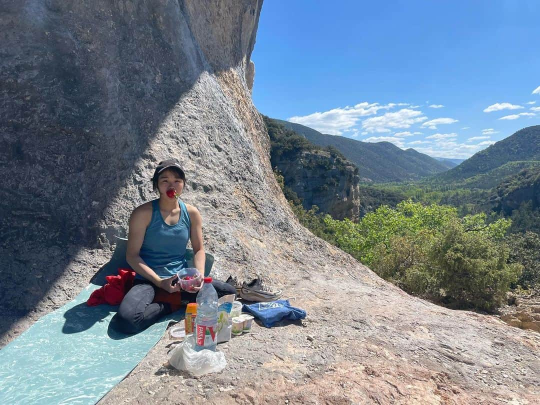 小武芽生さんのインスタグラム写真 - (小武芽生Instagram)「☕️→🧗‍♀️→☀️🍓 予定通り暑いので、早起きして朝ごはん前クライミングから岩場で朝食。  WC中の朝、お菓子をゴソゴソする音でルームメイト起こしてしまっていた学生時代より成長、、、 #climbing #クライミング　#山ご飯  #苺の季節」5月5日 5時03分 - mei_kotake