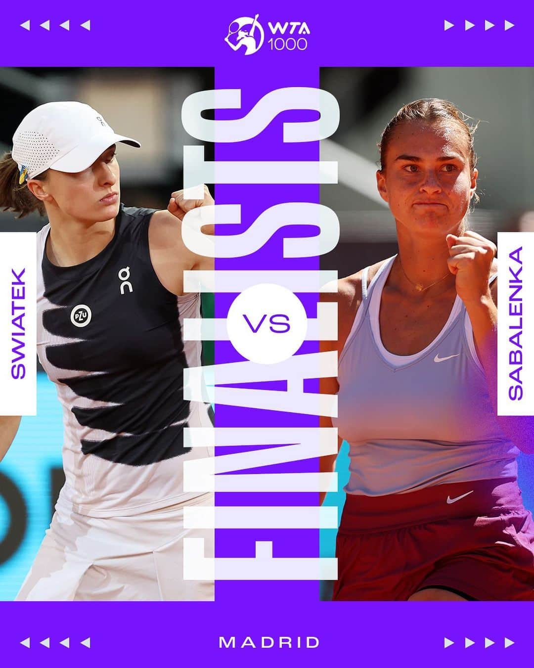 WTA（女子テニス協会）のインスタグラム：「Stuttgart ⏩️ Madrid  The rematch is SET! @iga.swiatek will face @sabalenka_aryna for a chance to hoist the #MMOPEN 🏆 on Championship Saturday!」
