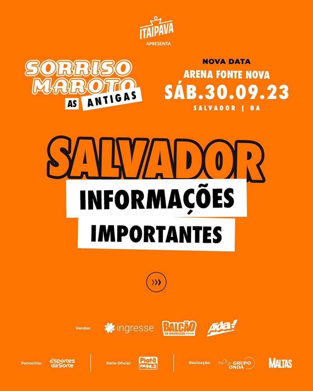 Sorriso Marotoのインスタグラム：「ATENÇÃO turma de Salvador! 🧡  Vamos de informações importantes para a edição do Sorriso As Antigas por aí?! 🙌🏽  Marca os amigos pra avisar que amanhã, às 12h, as vendas vão abrir para o #sorrisoasantigas em Salvador na Arena Fonte nova! 😎 Preparados?」
