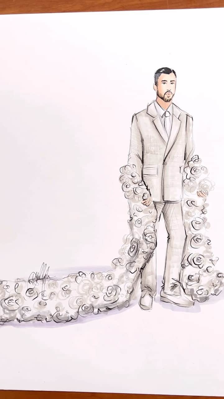 Holly Nicholsのインスタグラム：「Bad Bunny in Jacquemus at the Met Gala #badbunny #jacquemus #metgala #fashionillustration #asmr #copicmarkers #illustration」