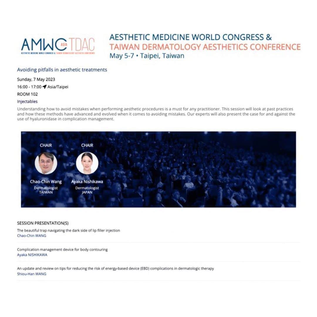西川礼華さんのインスタグラム写真 - (西川礼華Instagram)「It is an honor to have this opportunity to give a presentation at AMWC Asia 2023. I will talk about complication management for body-contouring devices in the session of “Avoid pitfalls in aesthetic treatments”.  This session will be co-chaired by Dr. Chao-Chin Wang from Tainan Vigor Clinic, Tainan, Taiwan and me. Understanding how to avoid mistakes when performing aesthetic procedures is a must for any practitioner. This session will look at past practices and how these methods have advanced and evolved when it comes to avoiding mistakes. I look forward to learning from these amazing experts!  @amwcasiapacific  #amwcasia #amwcasia2023 #taipei #taiwan #aestheticdermatology #shonanbeautyclinic #ayakanishikawa #西川礼華」5月5日 11時51分 - ayakanishikawa