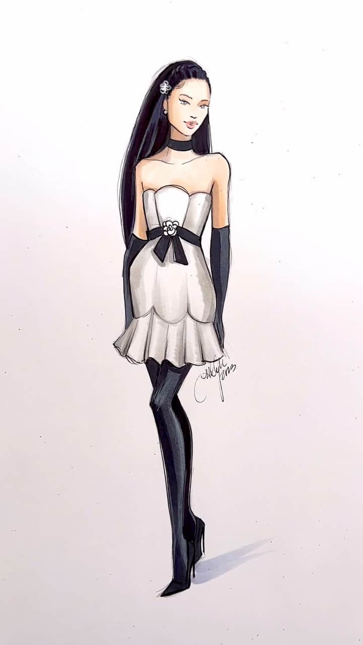Holly Nicholsのインスタグラム：「Jennie 🖤🤍 in Chanel at the Met Gala 🖤 #jennie #jenniekim #blackpink #asmr #metgala #fashionillustration #copicmarkers」