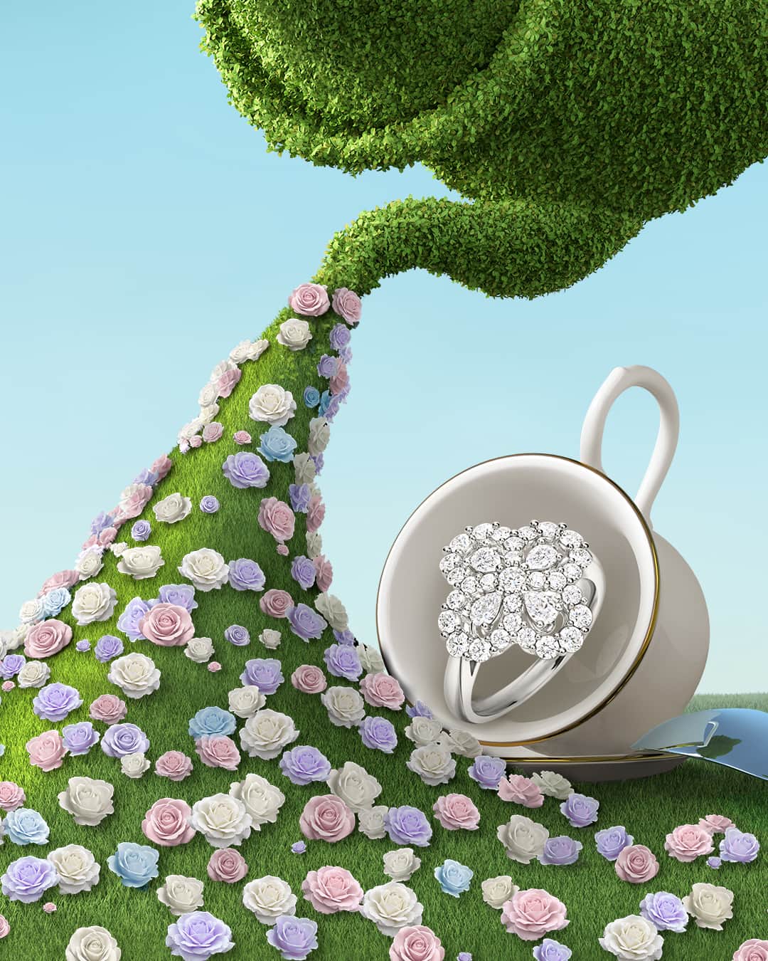ハリー・ウィンストンのインスタグラム：「Recalling delicate dewdrops on an early spring morning, Diamond Loop jewels enhance the sparkle of a garden tea party within the Winston Maze. Tap the link in bio to explore brilliant gems. #HarryWinston #WinstonMaze」