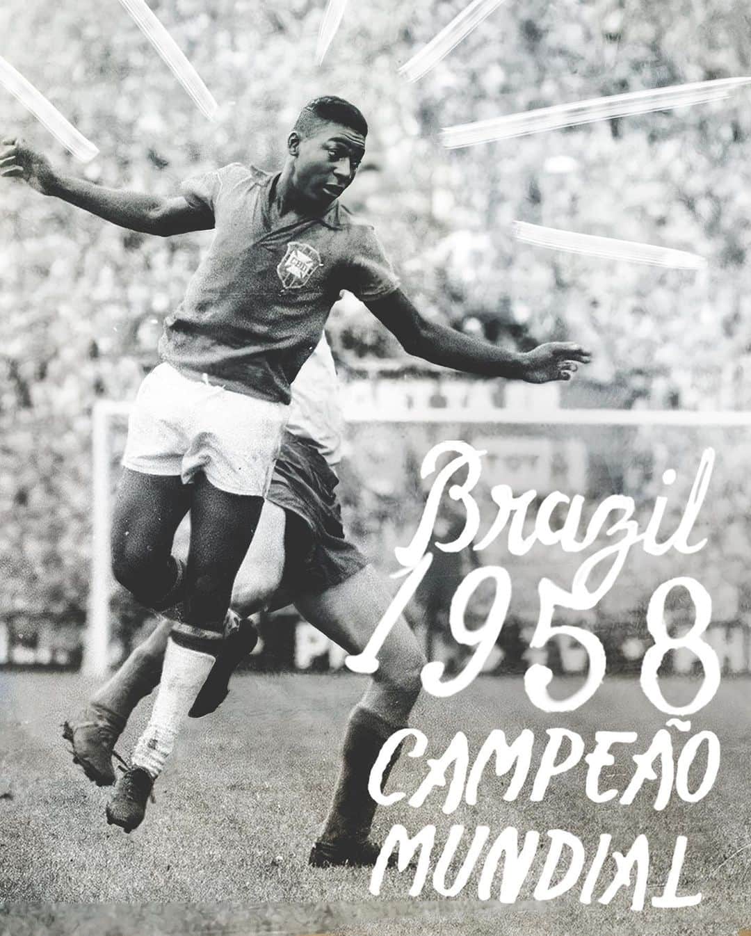 ペレのインスタグラム：「"Eu fiquei triste de ver meu pai chorar quando o Brasil perdeu a Copa de 1950. Naquele mesmo dia, eu prometi a ele que eu iria ganhar uma Copa do Mundo"  Oito anos depois, em 1958 na Suécia, o Pelé de 17 anos cumpriu sua palavra. Ele liderou o Brasil para sua primeira Copa do Mundo, se tornando o jogador mais novo na história do campeonato a marcar um gol.  O novo moletom da @rootsoffight celebra a famosa promessa que Pelé fez a seu pai - só em rootsoffight.com  #RootsofFight #KnowYourRoots .  "I was sad to see my father cry when Brasil lost the 1950 World Cup. That same day, I promised him that I would win a World Cup.”  Eight years later, in 1958 in Sweden, a 17-year-old Pelé made good on his promise. He led Brasil to its first ever World Cup, becoming the youngest player in the tournament’s history to score a goal.  The new @rootsoffight sweatshirt celebrates that famous promise Pelé kept with his father - only at rootsoffight.com.  #RootsofFight #KnowYourRoots」