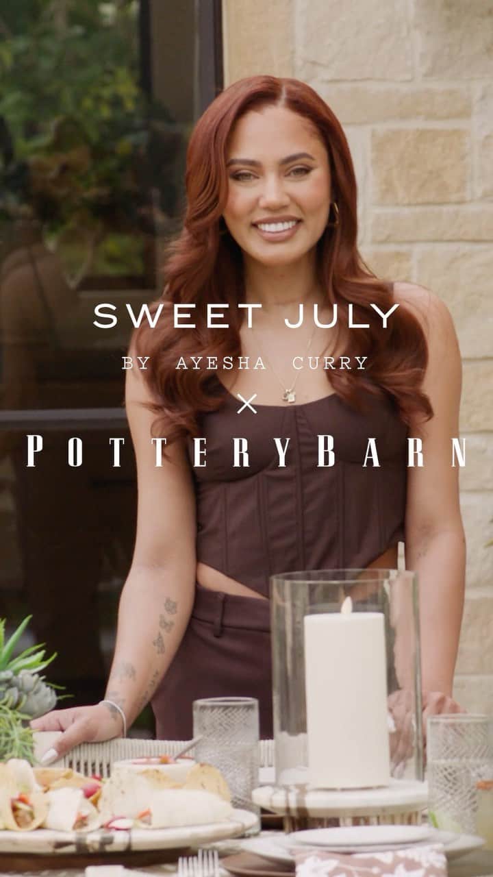 エイヨシャ・カレーのインスタグラム：「My exclusive @sweetjuly x @PotteryBarn collection is finally here! ✨ From super chic barware to elegant serving platters, this stunning line of entertaining pieces has everything you need to impress your guests. Check out the collection at the link in my bio to get your hands on these amazing pieces perfect for all your summer gatherings.☀️」