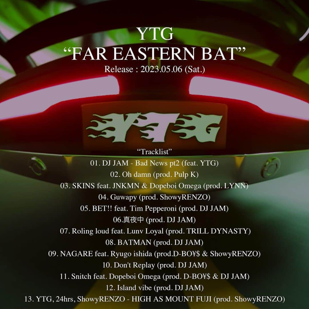 DJ TSUBASA a.k.a JAM from YENTOWN DJさんのインスタグラム写真 - (DJ TSUBASA a.k.a JAM from YENTOWN DJInstagram)「YTG 1st ALBUM 『FAR EASTERN BAT』 2023.05.06 release🦇  YTGの待望の1st ALBUMです！ 是非チェックしてみて下さい🙇‍♂️  @ytg98  @bravura_jp  @tsubasaakajam」5月6日 13時11分 - tsubasaakajam