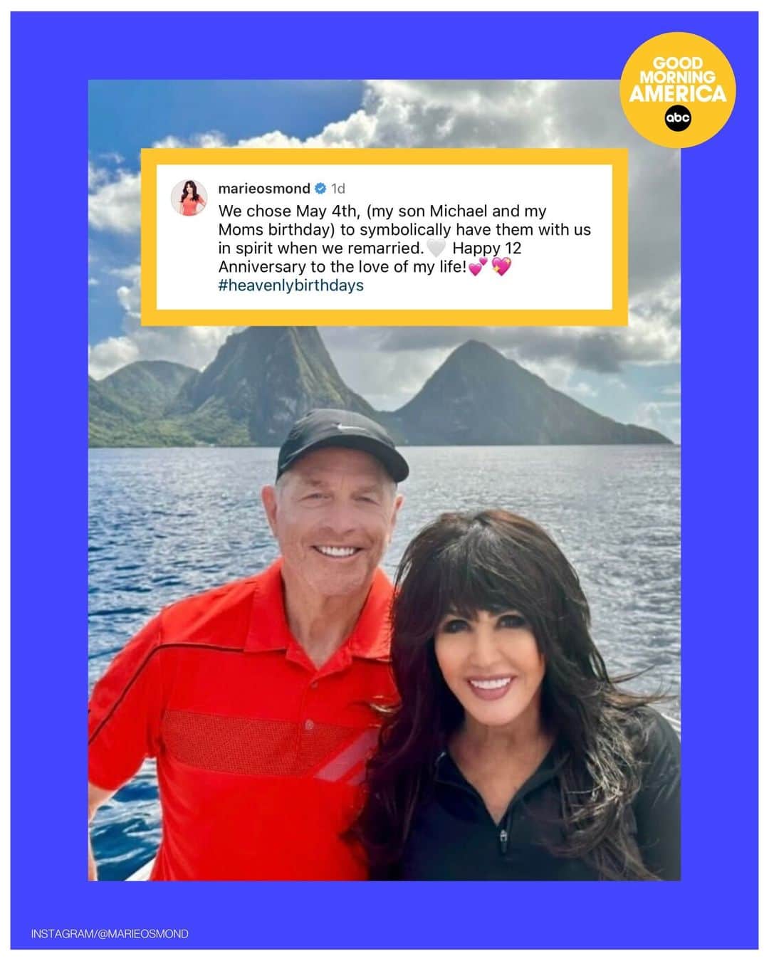 Good Morning Americaさんのインスタグラム写真 - (Good Morning AmericaInstagram)「@marieosmond is celebrating her 12th wedding anniversary to husband Steve Craig. The "Paper Roses" singer took to Instagram and shared a sentimental post marking their special day. She also shared why she and Craig chose May 4 as the day to say "I do" back in 2011. ❤️  MORE at the link in bio.  #MarieOsmond #SteveCraig #Anniversary」5月6日 6時00分 - goodmorningamerica