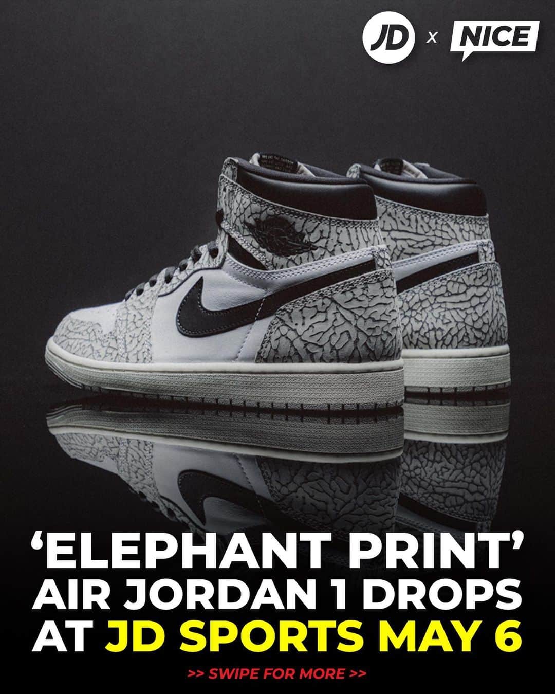 のインスタグラム：「The iconic @jumpman23 elephant print takes over the Air Jordan 1 🐘 Cop your pair tomorrow, May 6, at @jdsportsus’ website at 10AM EST!」