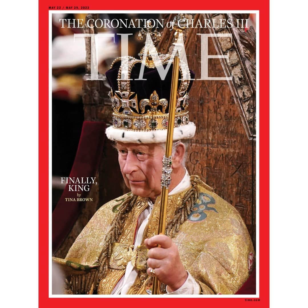 TIME Magazineのインスタグラム：「TIME's new cover: The coronation of King Charles III, by Tina Brown.  "The benefit of his eternal wait is that Charles has become King at a moment that uniquely speaks to his concerns," she argues.  Read Brown's essay on the new monarch at the link in bio. Photograph by Victoria Jones—Pool/AP」