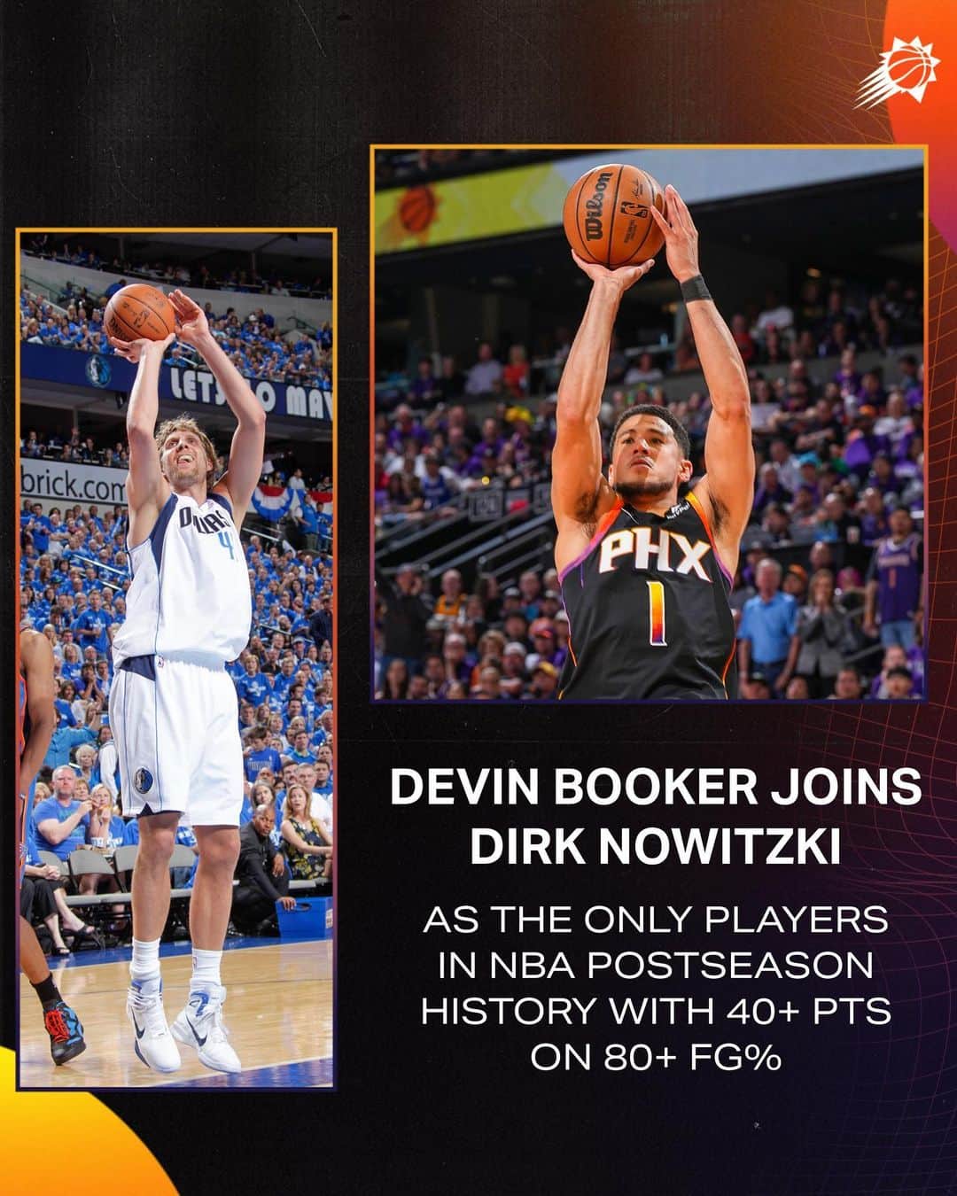 フェニックス・サンズさんのインスタグラム写真 - (フェニックス・サンズInstagram)「40+ PTS on 80+ FG% in @NBA Postseason History:  - Dirk Nowitzki (2011) - Devin Booker (2023)  That's it. That's the list.」5月6日 15時11分 - suns