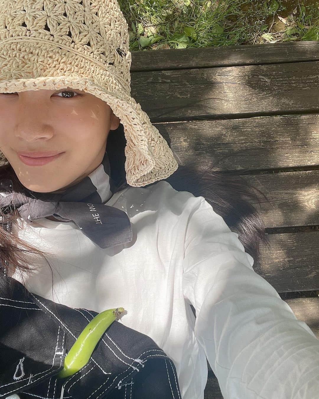 横川莉那のインスタグラム：「. 🧑‍🌾👒🐝🫛 井上ファーム 自然いっぱい気持ちいい〜🌿 収穫したお芋をどう食べるか。 本当に頭の中食べる事しか考えてない。🥔 またお手伝い行きます🫡！ . . #畑#畑仕事#麦わら帽子#オーバーオール#デニムコーデ#自然#畑のある暮らし#오오티디」