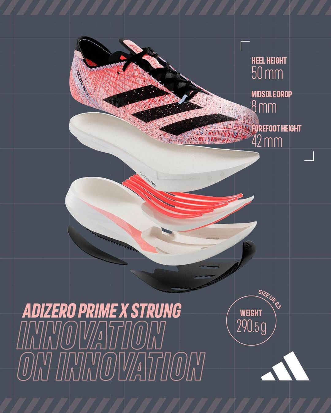 adidas Runningのインスタグラム：「Built with innovative technology. The perfect fit for runners with high-stacked ambitions. Share your running goals below. ⤵️   ADIZERO. MADE TO WIN.   #ADIZERO Prime X Strung」