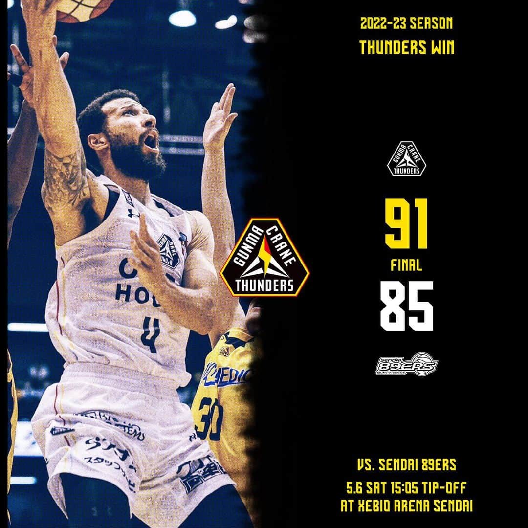 群馬クレインサンダーズのインスタグラム：「【OT END】 91点 #群馬クレインサンダーズ 85点 #仙台89ERS  #バスケットLIVE で配信📡 ▶️ is.gd/n3jVyr  OTまでもつれる激戦を制し勝利🔥⚡️ 最後の最後まで熱い応援ありがとうございました‼️ 明日も勝って笑顔でシーズンを締めくくりましょう👊  #ONE #Bリーグ」