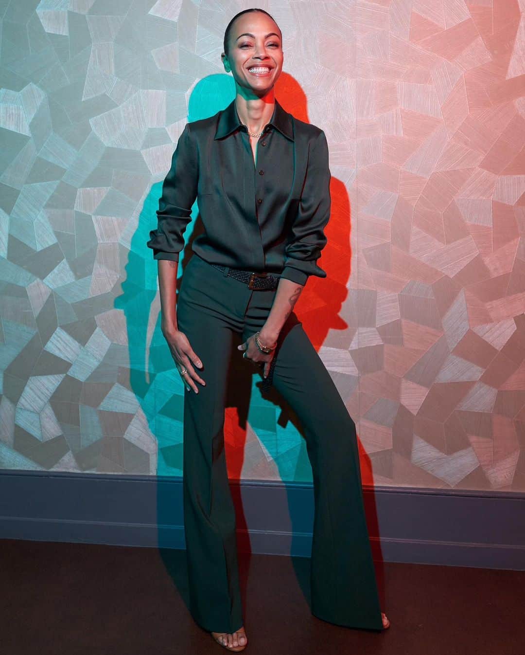 マイケルコースさんのインスタグラム写真 - (マイケルコースInstagram)「#ZoeSaldana wore a forest charmeuse shirt and matching crepe flared trousers from Fall/Winter 2023 #MichaelKorsCollection while promoting “Guardians of the Galaxy Vol. 3” in Paris.  Photographed by @josephsinclair」5月6日 21時37分 - michaelkors
