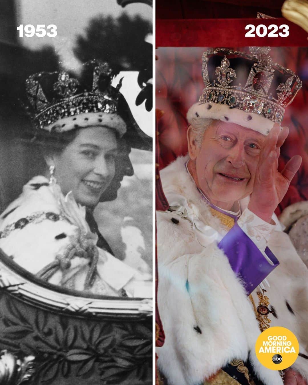 ABC Newsさんのインスタグラム写真 - (ABC NewsInstagram)「1953 ➡️ 2023  Queen Elizabeth II and King Charles III greet the crowd after being crowned.   #coronation #queenelizabeth #kingcharles #royals #royalfamily」5月6日 21時52分 - abcnews