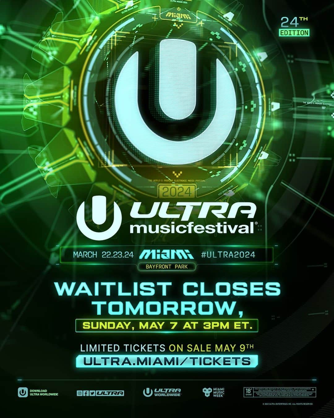 Ultra Music Festivalのインスタグラム：「The Waitlist for #Ultra2024 closes tomorrow at 3PM ET and Limited tickets will go on sale Tuesday, May 9!  Join the Waitlist ➡️ ultra.miami/tickets」
