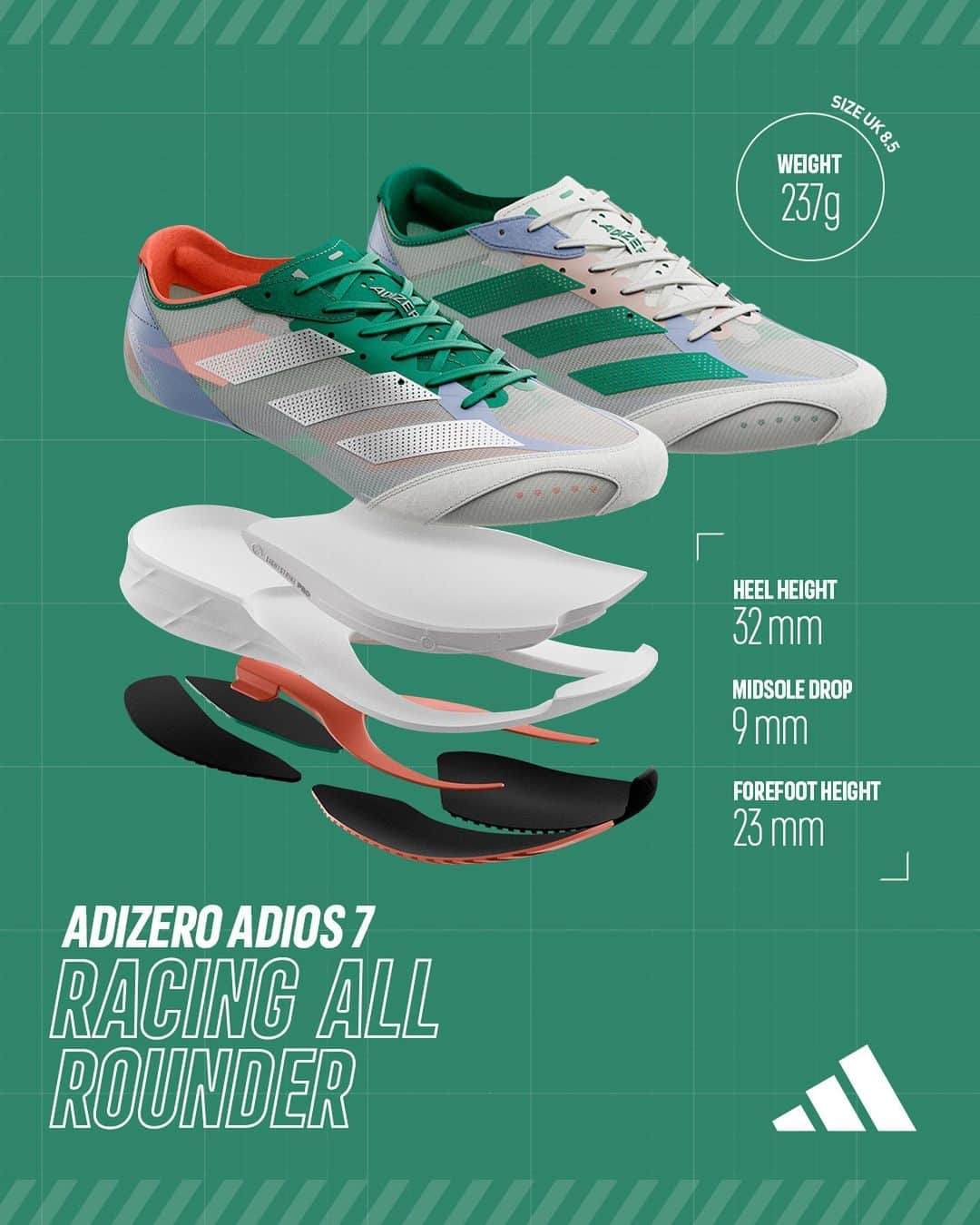 adidas Runningのインスタグラム：「Looking for the perfect balance between sustainability and performance? The Adizero Adios 7’s lightweight design is made up of 50% recycled content ♻ Sustainable and speed inducing for racing.   ADIZERO. MADE TO WIN.   #ADIZERO Adios 7」