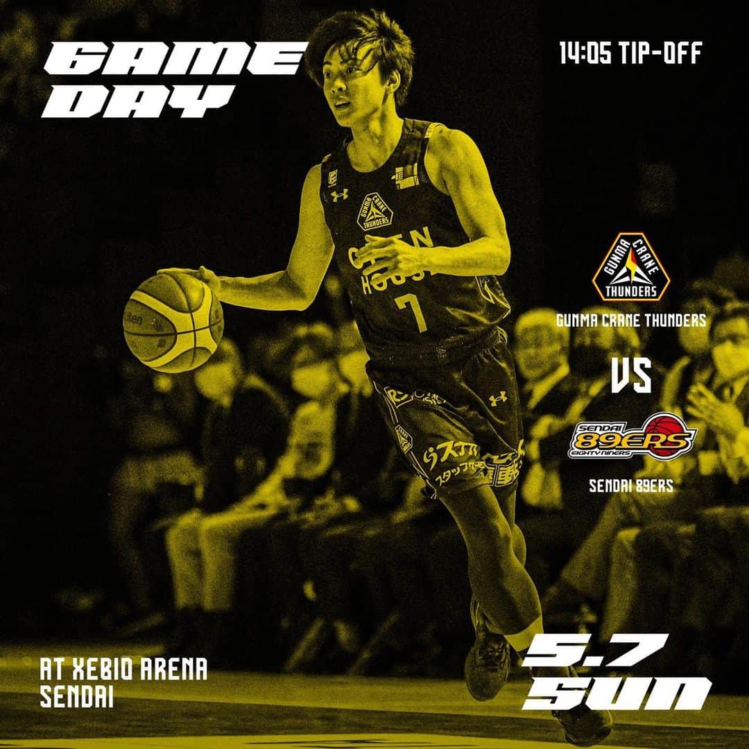 群馬クレインサンダーズのインスタグラム：「⚡️𝐆𝐀𝐌𝐄 𝐃𝐀𝐘⚡️  2022-23シーズン最終戦🔥 1年間積み上げてきたものを全て発揮し、群馬らしいバスケを⚡️🏀 笑顔でシーズンを締め括れ👊  🆚#仙台89ERS ⏰14:05 Tip Off 📍#ゼビオアリーナ仙台   🔽#バスケットLIVE で配信📡  https://is.gd/Innh5w  #群馬クレインサンダーズ #ONE #Bリーグ」