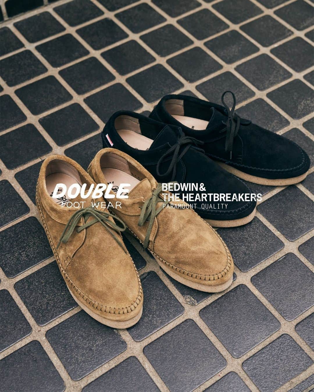 のインスタグラム：「DOUBLE FOOT WEAR x BEDWIN & THE HEARTBREAKERS⁠ ⁠ 2022AWよりスタートした東京の下町・浅草に工房を構える〈DOUBLE FOOT WEAR〉とのコラボレーションが今期も登場。アメリカで古くから愛されるトラディショナルなモカシンシューズにインスパイアされた発色の良いスエードシューズが登場。⁠ ⁠ BEDWIN & THE HEARTBREAKERSが独自にリクエストし、アッパーの形やディテール、ソールを厚く仕上げるなど、カジュアルな見た目とは裏腹にこだわりを多く採用している。⁠ ⁠ DOUBLE FOOT WEARの手作業からなる丁寧な技法が相まみえるMADE IN JAPANのオリジナルモデルをぜひご堪能くださいませ。⁠ ⁠ #bedwinandtheheartbreakers⁠ #bedwin⁠ #ベドウィン⁠ ⁠ @doublefootwear⁠ #doublefootwear」