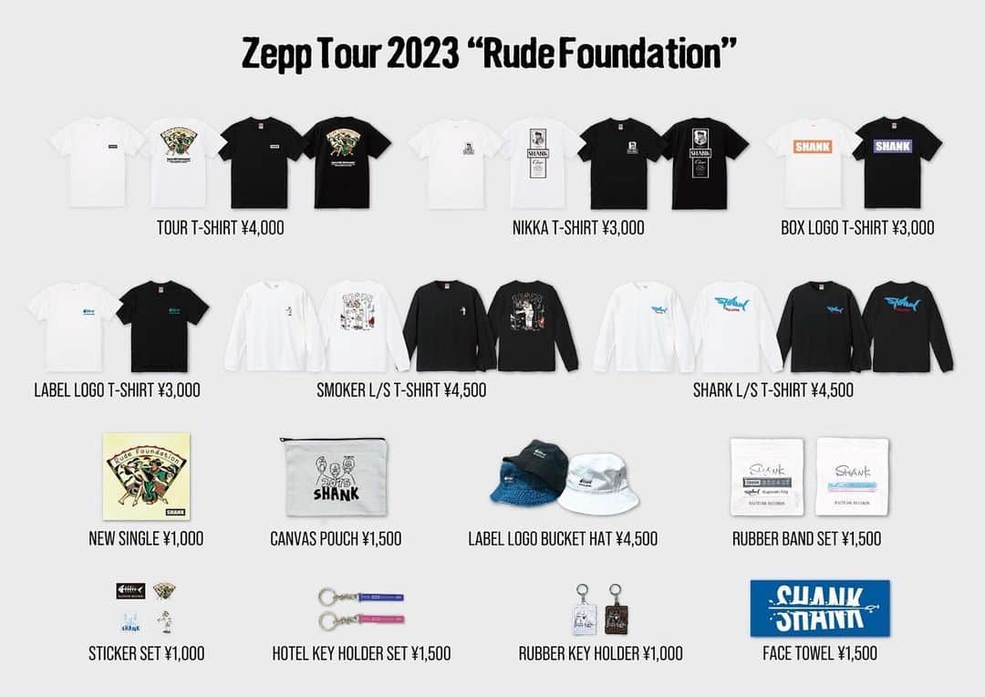 池本雄季のインスタグラム：「【GOODS情報】  Zepp Tour 2023 "Rude Foundation" グッズラインナップ  新しいのからちょっと懐かしい物まで用意してますー。 よろしくお願いしますー。  #shank #shank095 #shank095jpn」