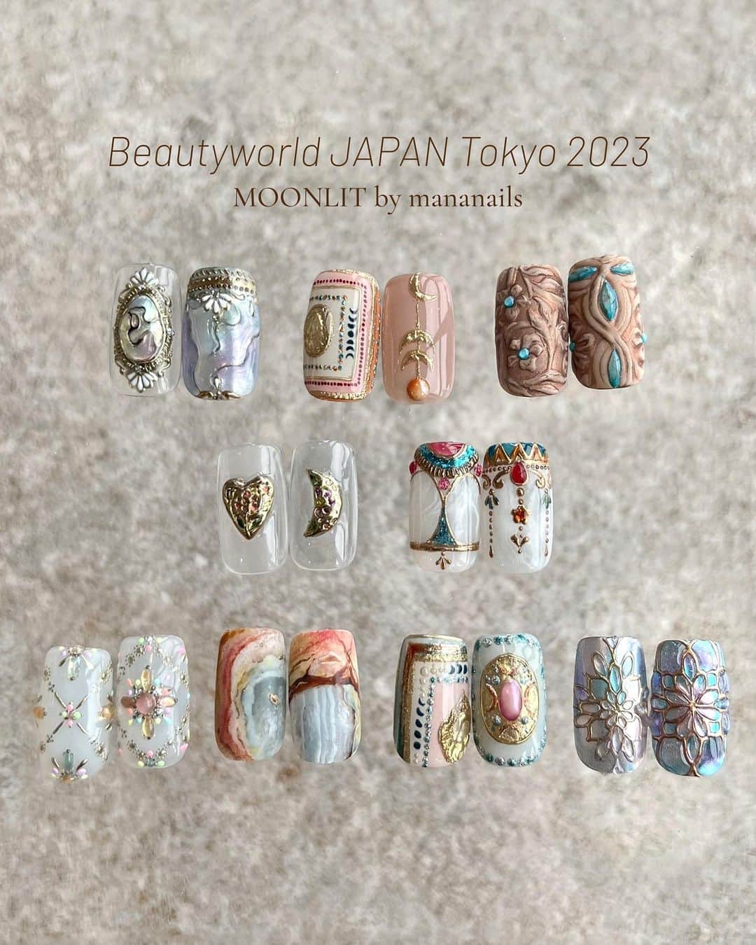 mananailsのインスタグラム：「Beautyworld JAPAN Tokyo 2023  MOONLITからManami、Emi、Airi、Yukiの4人が @trinagel_official ステージに出演いたします✨ @nailshoptat ステージではTRINAを使用する  Manami× Yukiコラボデモです❤️‍🔥  15日 12:10〜12:50 @mananails × @moonlit_yuki "Avallon shell jewelry" (TATステージ) 13:00〜13:40 @moonlit_airi "Ethnic clothes" 14:00〜14:40 @moonlit_emi "Leather carving" 15:00〜15:40 @mananails "Stones embedded jewelry" 16:00〜16:40 @moonlit_yuki "Perfume bottle"  16日 12:50〜13:30 @mananails "Indian Beaded jewelry" 13:50〜14:30 @moonlit_yuki "Polychrome jasper" 14:50〜15:30 @moonlit_airi "Ethnic clothes" 15:50〜16:30 @moonlit_emi "Aurora stained glass"  ※17日の出演はございません」