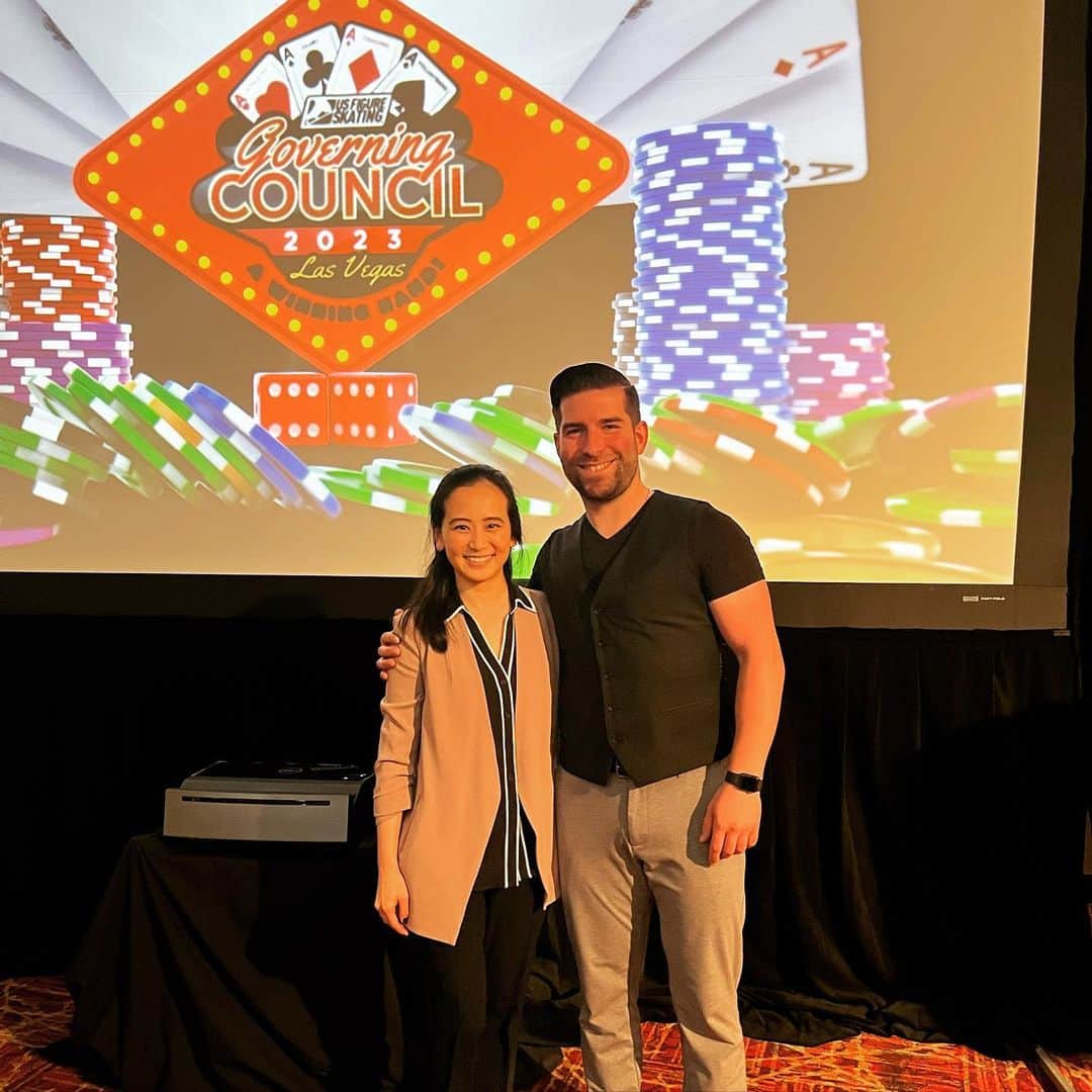ネイサン・バーソロメイのインスタグラム：「For my first governing council I would say it’s a success!  Not to mention I bumped into a few people I haven’t seen in a while!!! 😉 wishing we could have had @marissacastelli there!  Great times in Vegas 👌🏻  @usfigureskating @felicia__zhang @simonshnapir  @olympics  #2014olympicgames #squadgoals  #reunion」