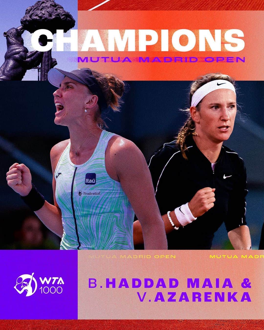 WTA（女子テニス協会）のインスタグラム：「BIARENKA TAKE MADRID 🔥  @biahaddadmaia & @vichka35 defeat top seeds Gauff/Pegula 6-1, 6-4 to clinch their first Hologic WTA Tour title together!  #MMOPEN」